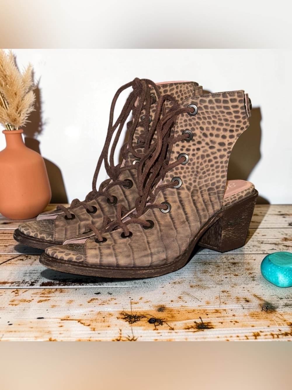 Miss Macie Size 8.5 Brown Leather Alligator/Cheetah Open-Toe Heeled Booties